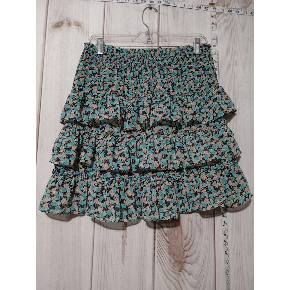 Gigio USA Teal Peach Floral Smocked Tiered Ruffle Mini‎ Skirt TA2212 Womens M